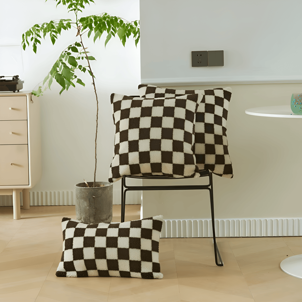 Modern Checkered Cushion Cover in Green and Coffee Brown – Soft Polyester with Hidden Zipper for Stylish Home Decor