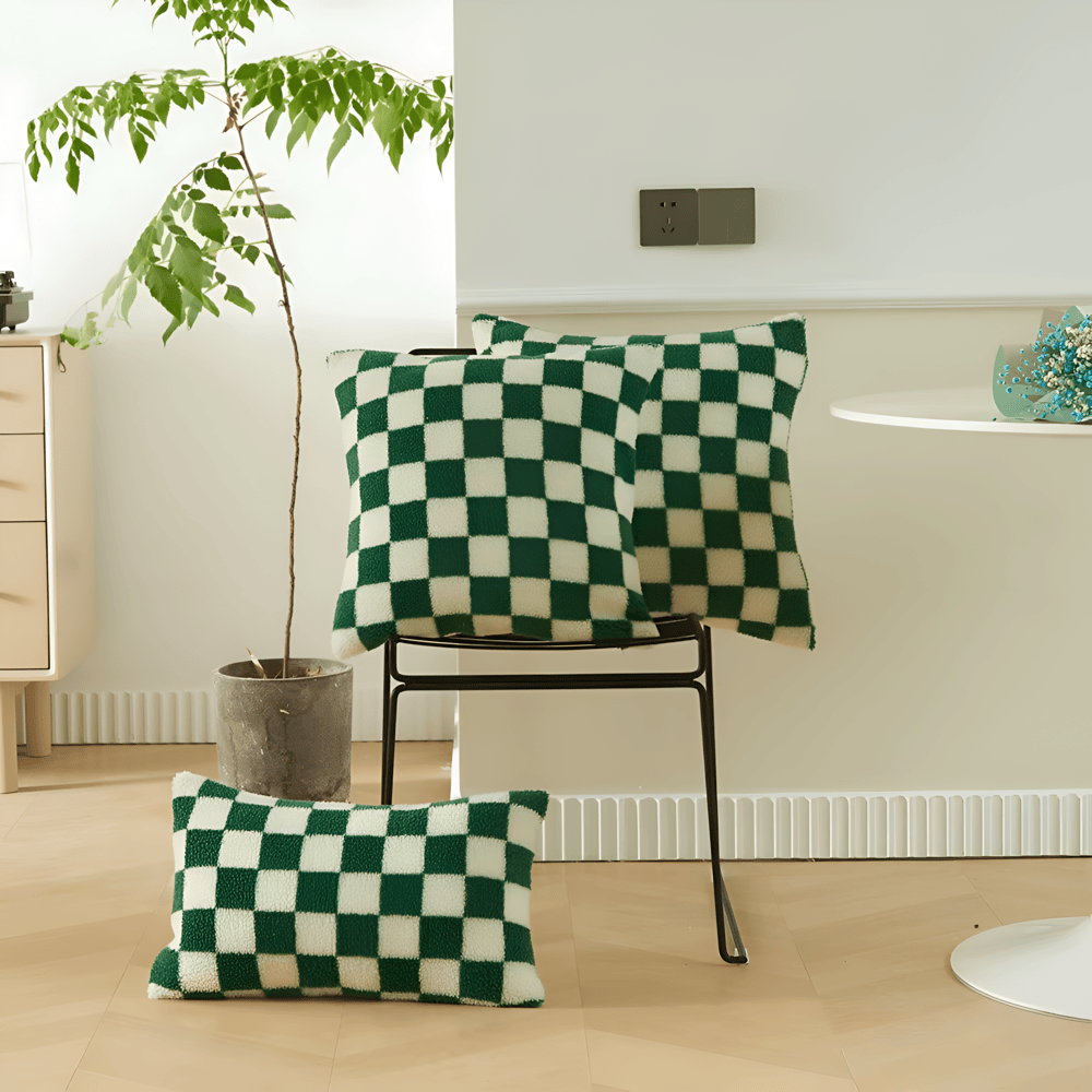 Modern Checkered Cushion Cover in Green and Coffee Brown – Soft Polyester with Hidden Zipper for Stylish Home Decor