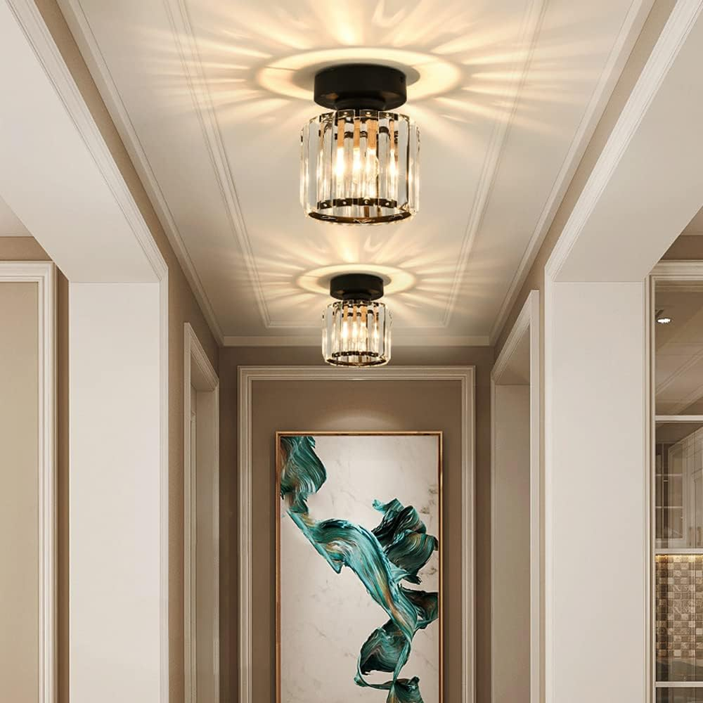 Modern Flush Mount Ceiling Light Fixture in Black – 1-Light Crystal Design for Hallway and Living Room