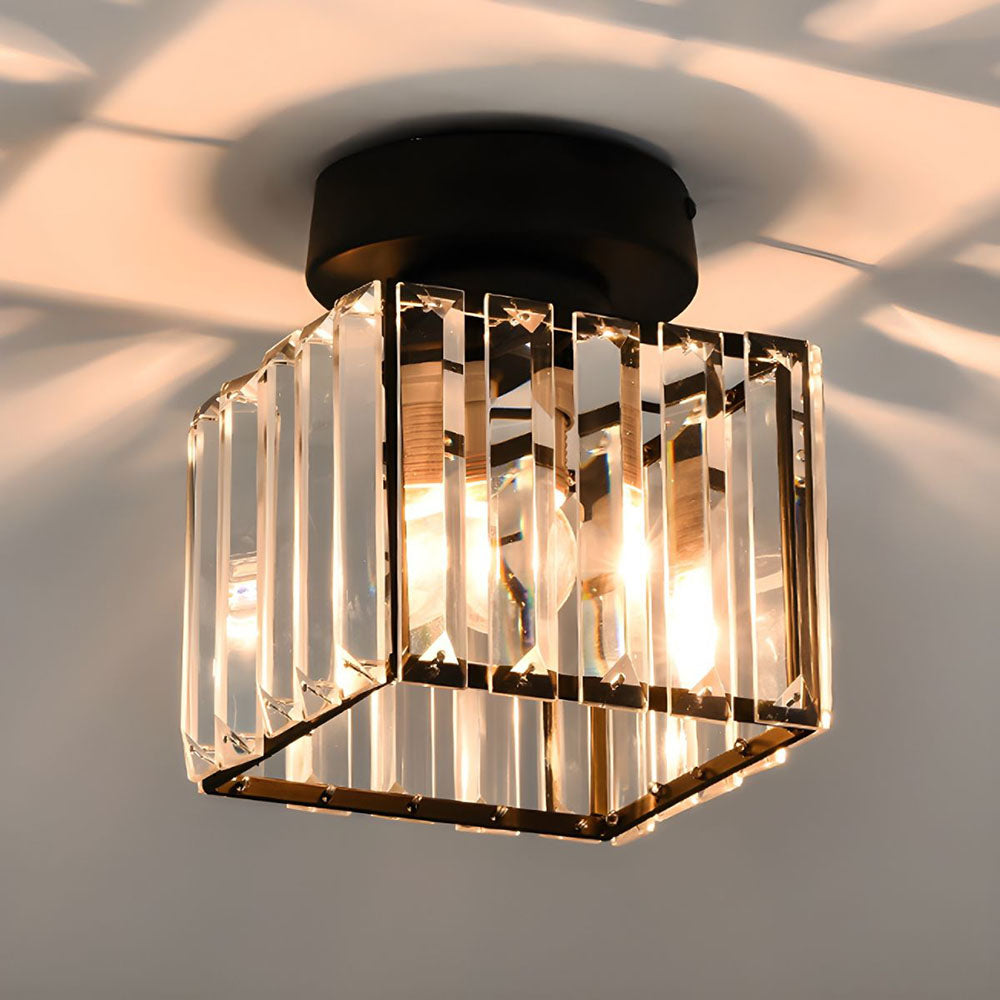 Modern Flush Mount Ceiling Light Fixture in Black – 1-Light Crystal Design for Hallway and Living Room