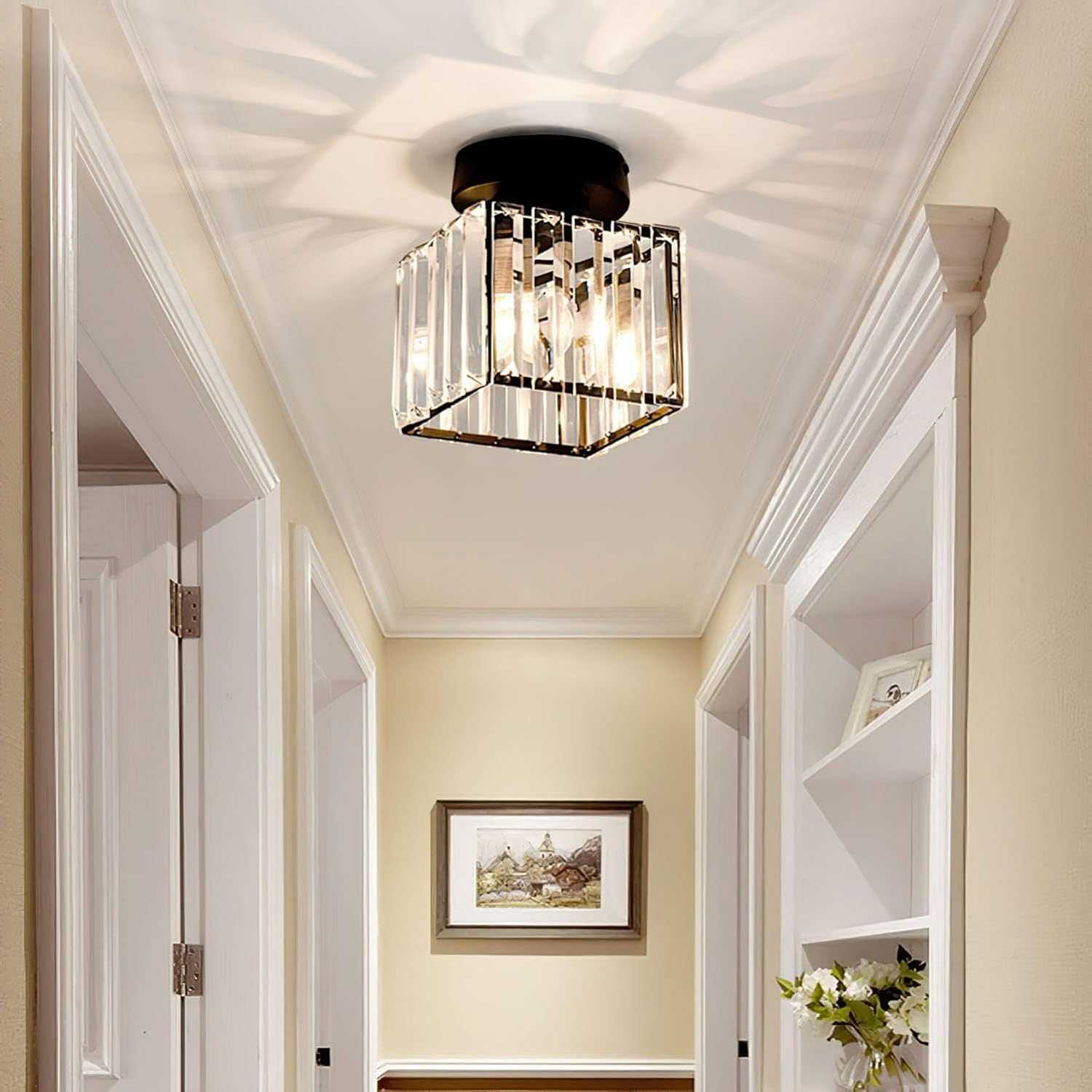 Modern Flush Mount Ceiling Light Fixture in Black – 1-Light Crystal Design for Hallway and Living Room