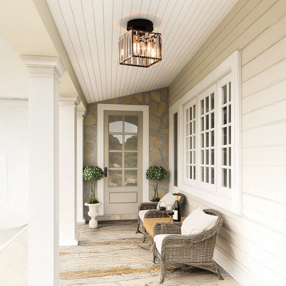 Modern Flush Mount Ceiling Light Fixture in Black – 1-Light Crystal Design for Hallway and Living Room