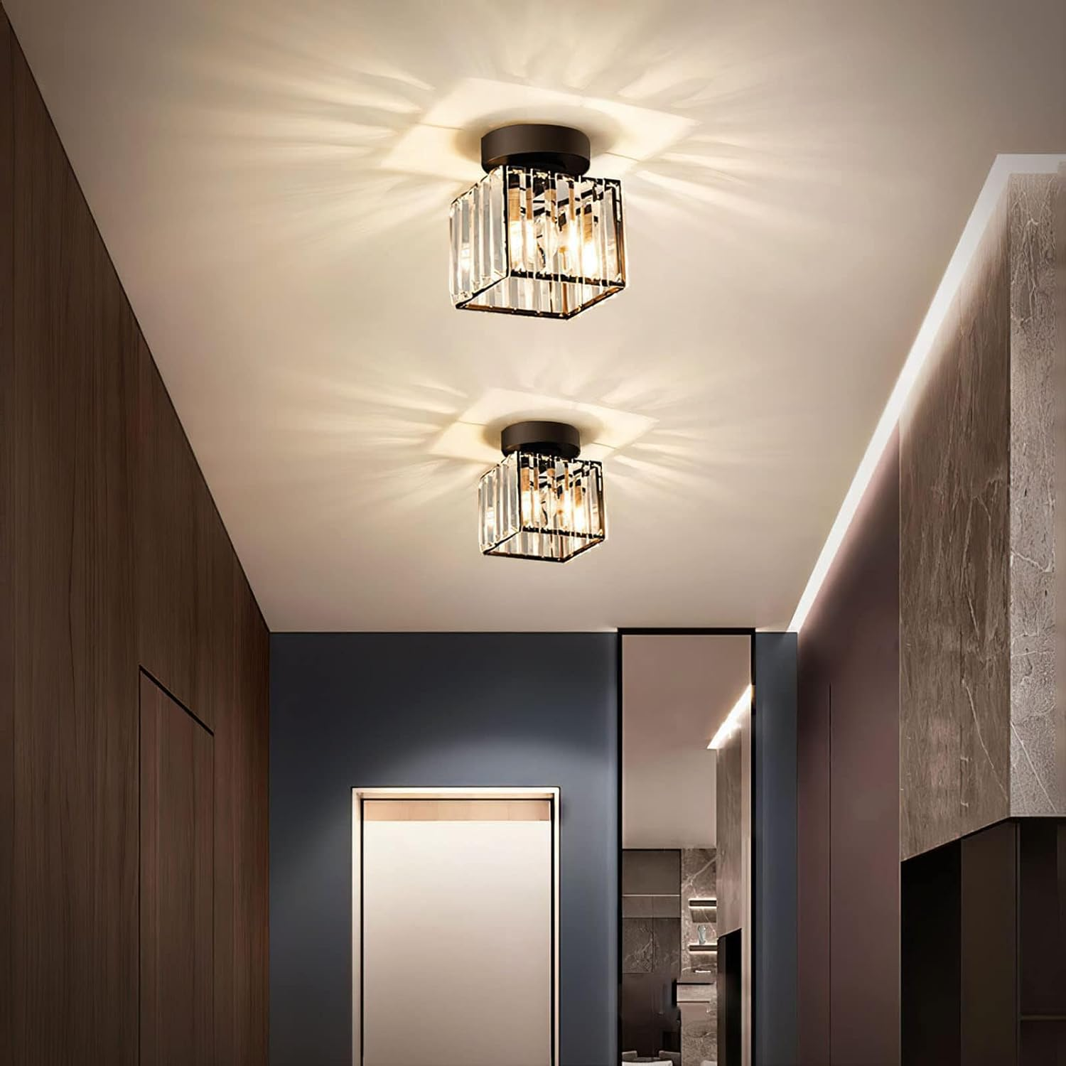 Modern Flush Mount Ceiling Light Fixture in Black – 1-Light Crystal Design for Hallway and Living Room