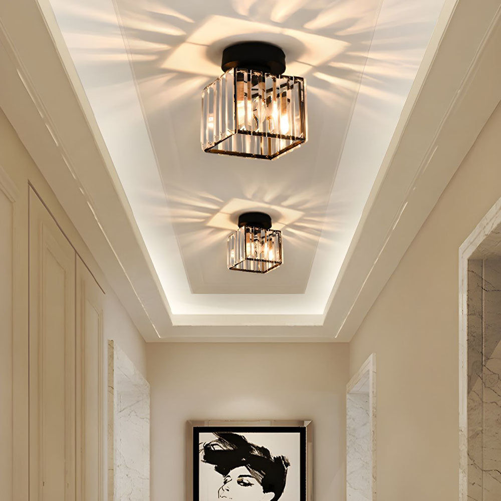 Modern Flush Mount Ceiling Light Fixture in Black – 1-Light Crystal Design for Hallway and Living Room