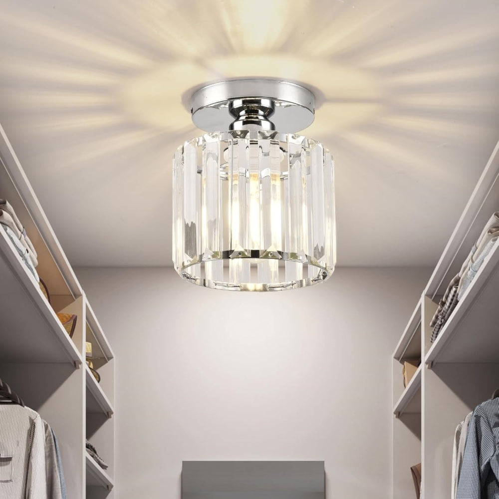 Modern Flush Mount Ceiling Light Fixture in Black – 1-Light Crystal Design for Hallway and Living Room