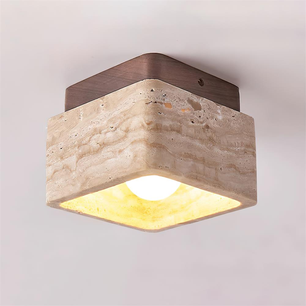 Natural Stone and Wood Ceiling Lamp Flush Mount Light Fixture