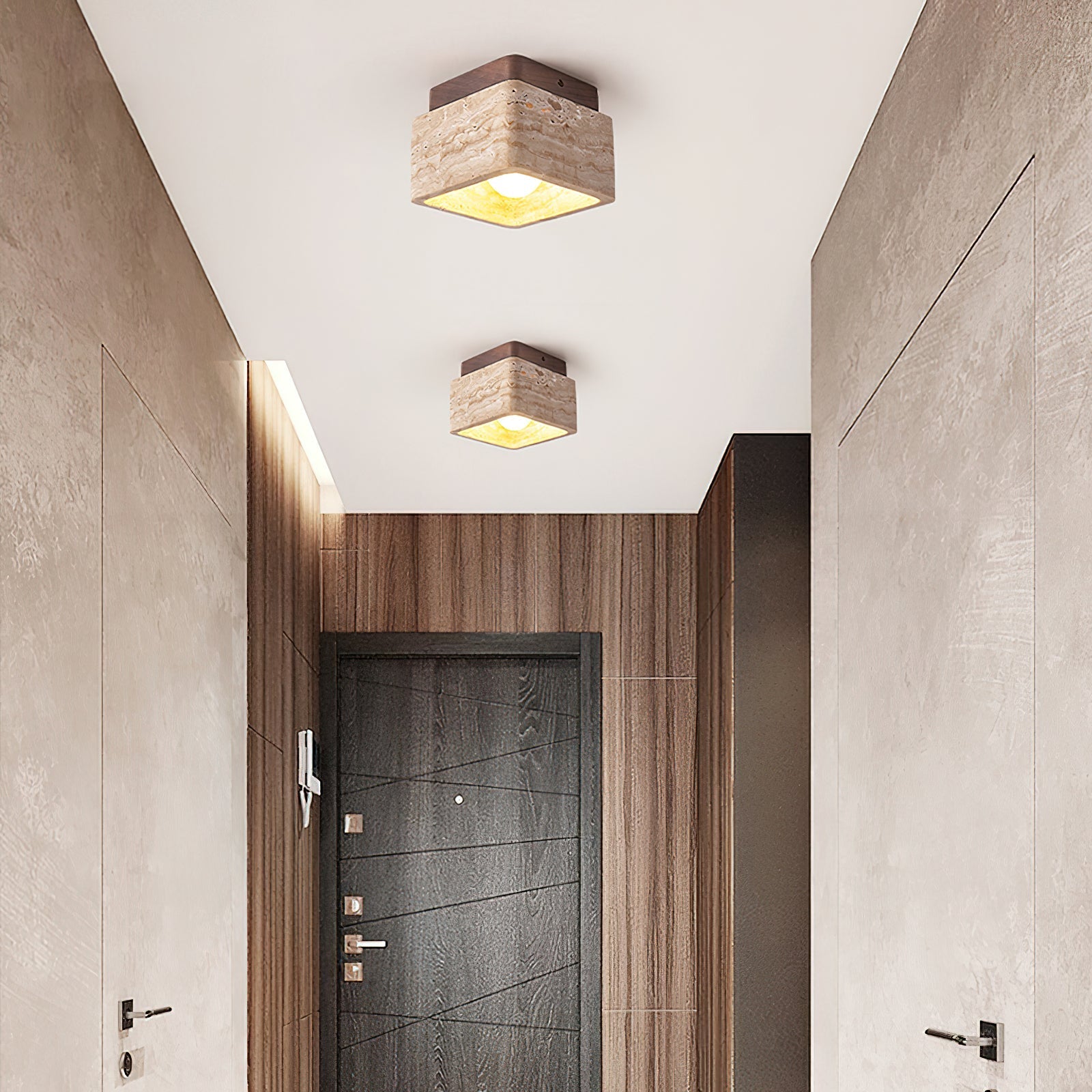 Natural Stone and Wood Ceiling Lamp Flush Mount Light Fixture