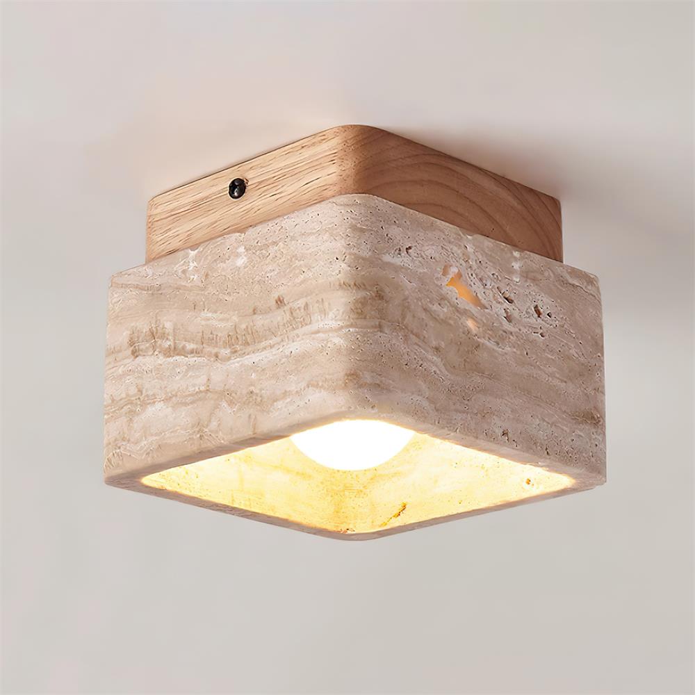 Natural Stone and Wood Ceiling Lamp Flush Mount Light Fixture