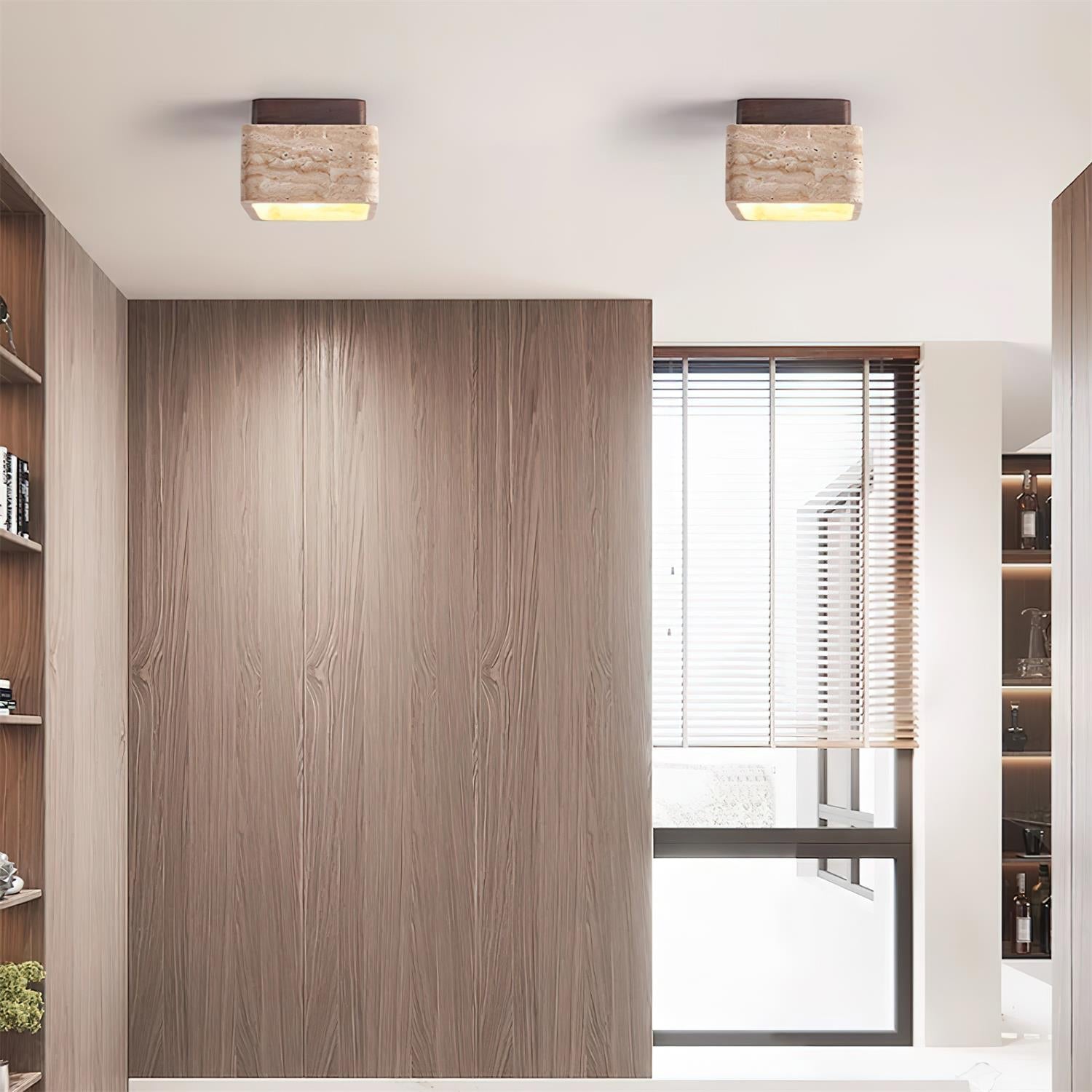 Natural Stone and Wood Ceiling Lamp Flush Mount Light Fixture