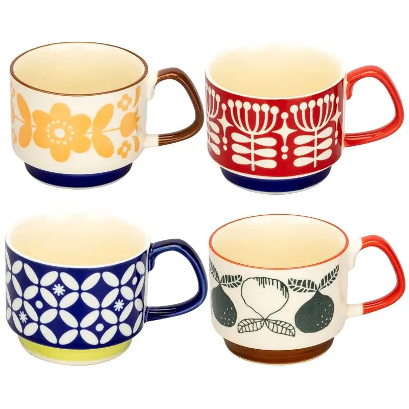 Retro Ceramic Coffee Mug Set – 300ml Capacity with Unique 1950s Patterns – Dishwasher and Microwave Safe