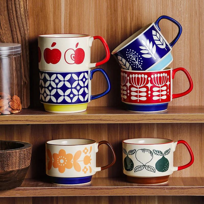 Retro Ceramic Coffee Mug Set – 300ml Capacity with Unique 1950s Patterns – Dishwasher and Microwave Safe