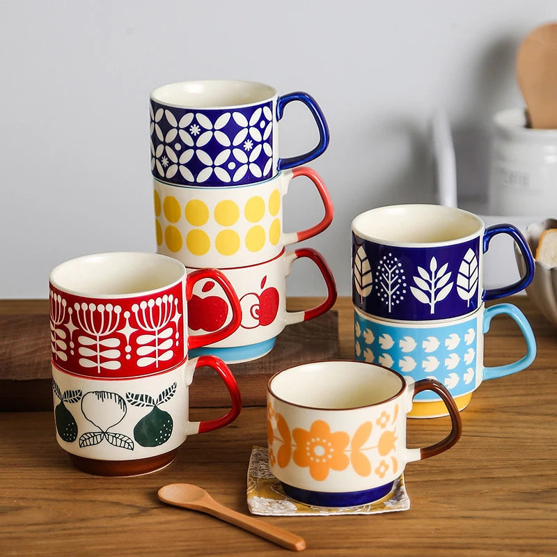 Retro Ceramic Coffee Mug Set – 300ml Capacity with Unique 1950s Patterns – Dishwasher and Microwave Safe