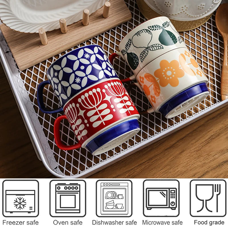 Retro Ceramic Coffee Mug Set – 300ml Capacity with Unique 1950s Patterns – Dishwasher and Microwave Safe
