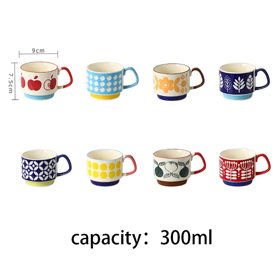 Retro Ceramic Coffee Mug Set – 300ml Capacity with Unique 1950s Patterns – Dishwasher and Microwave Safe