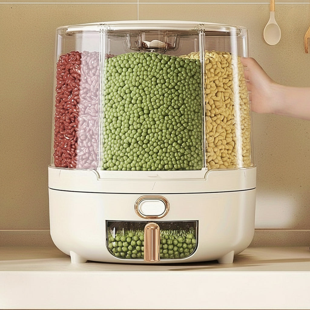 Rotating Airtight Food Storage Container with 360° Base, Large Capacity Grain and Cereal Dispenser