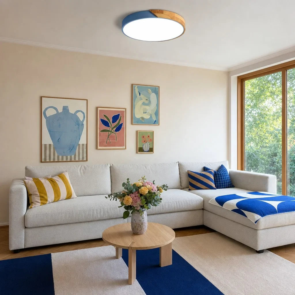 Round Dimmable Macaron LED Ceiling Lamp with Wood Accent