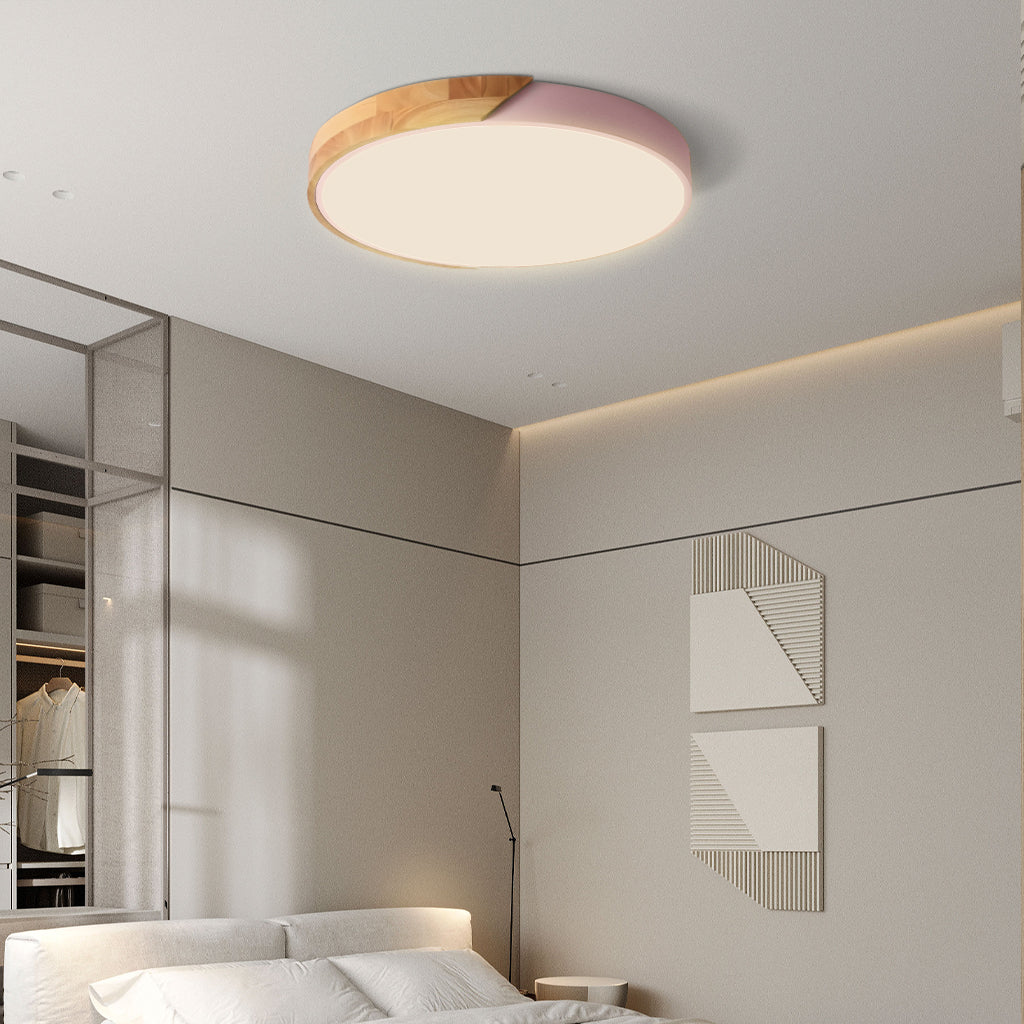 Round Dimmable Macaron LED Ceiling Lamp with Wood Accent