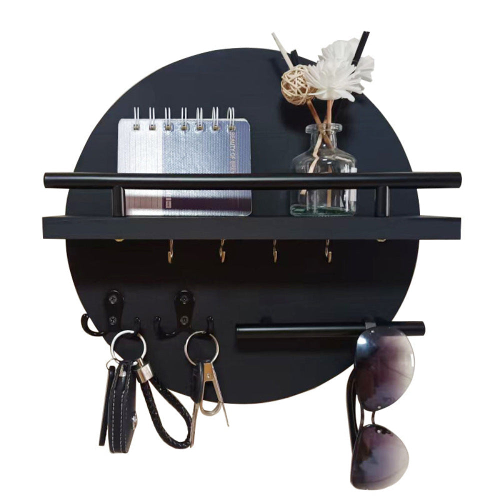 Round Wooden Wall Key Holder Organiser with Metal Hooks