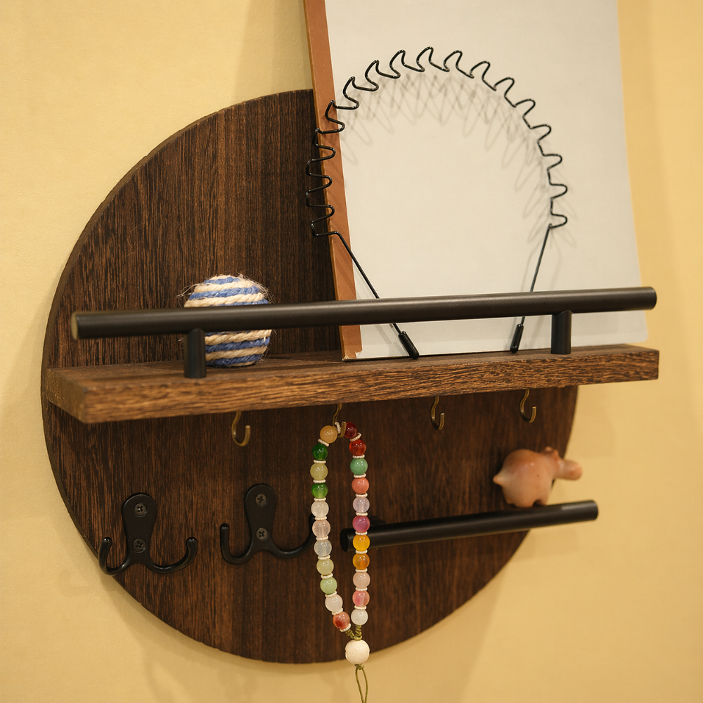 Round Wooden Wall Key Holder Organiser with Metal Hooks