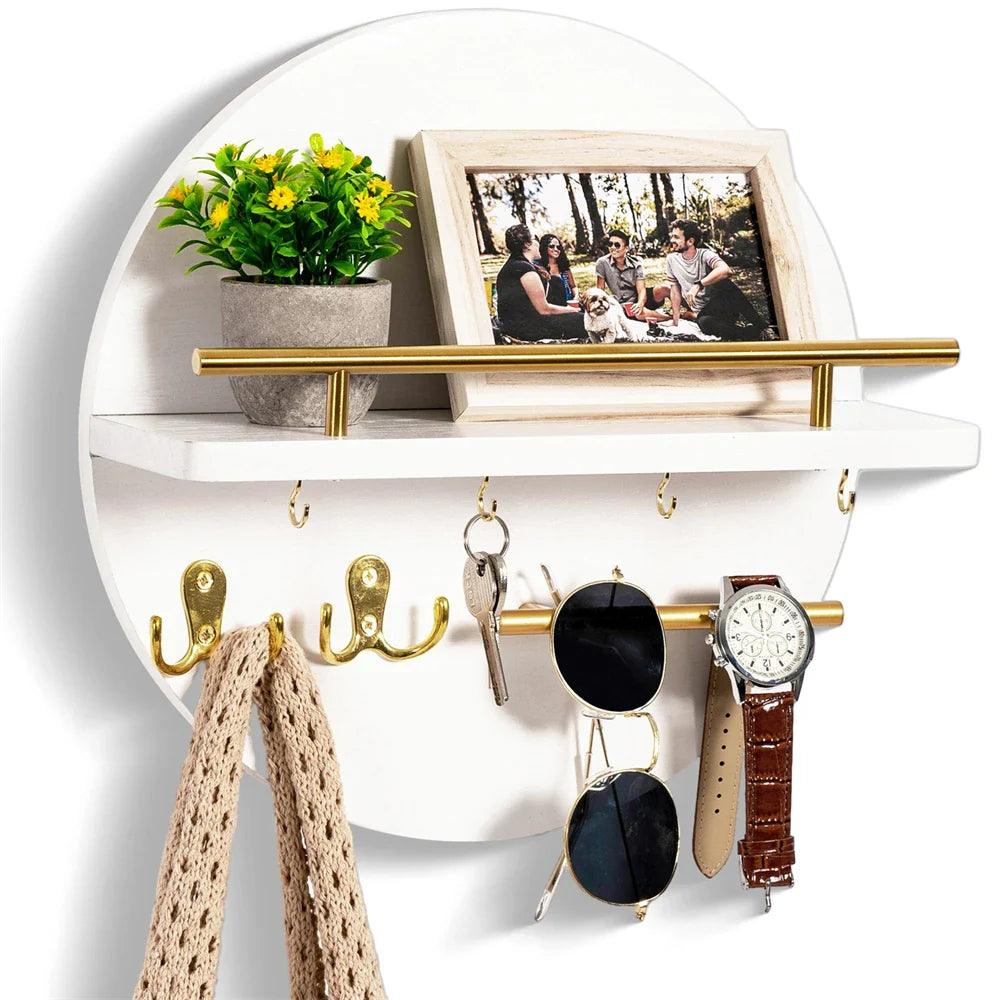 Round Wooden Wall Key Holder Organiser with Metal Hooks