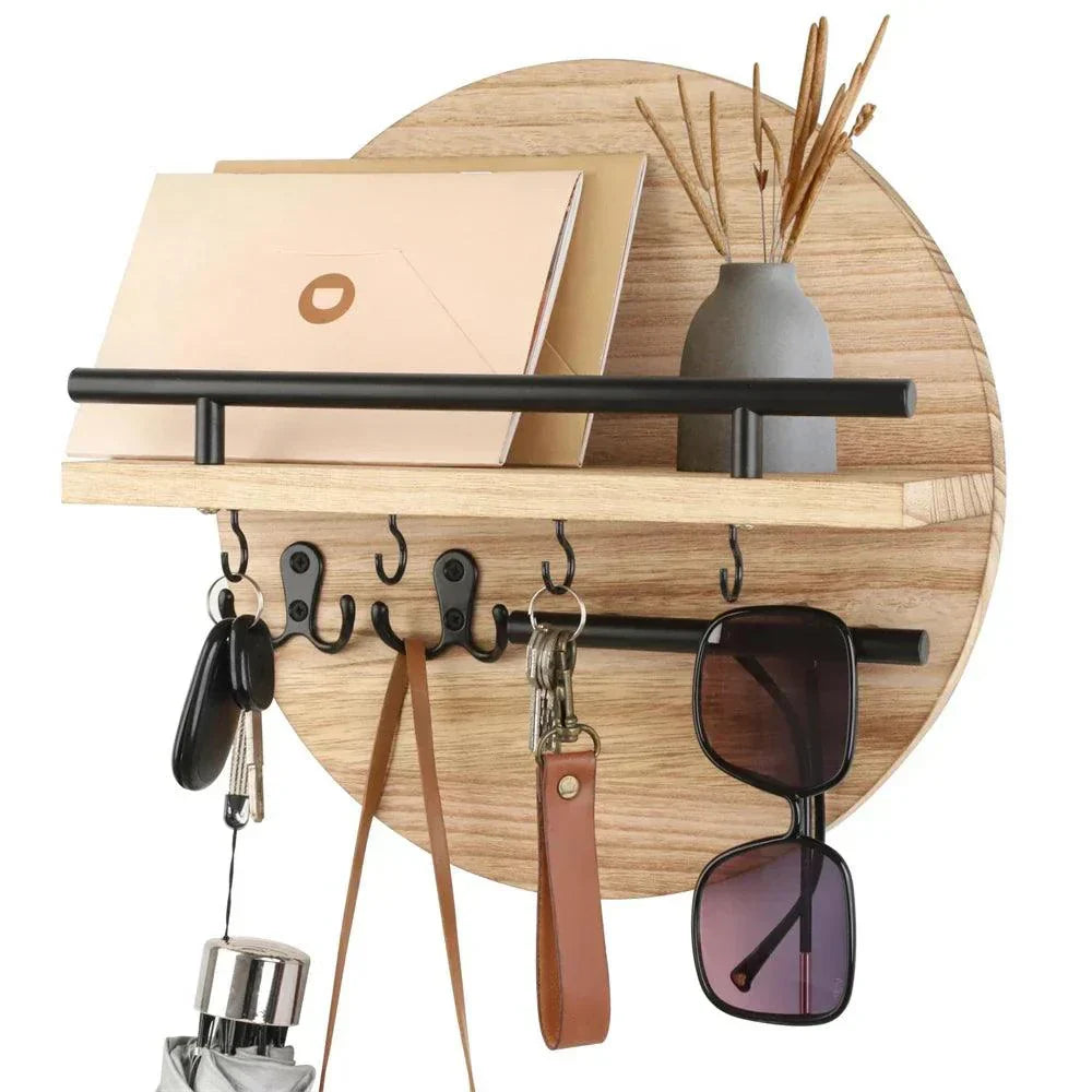 Round Wooden Wall Key Holder Organiser with Metal Hooks