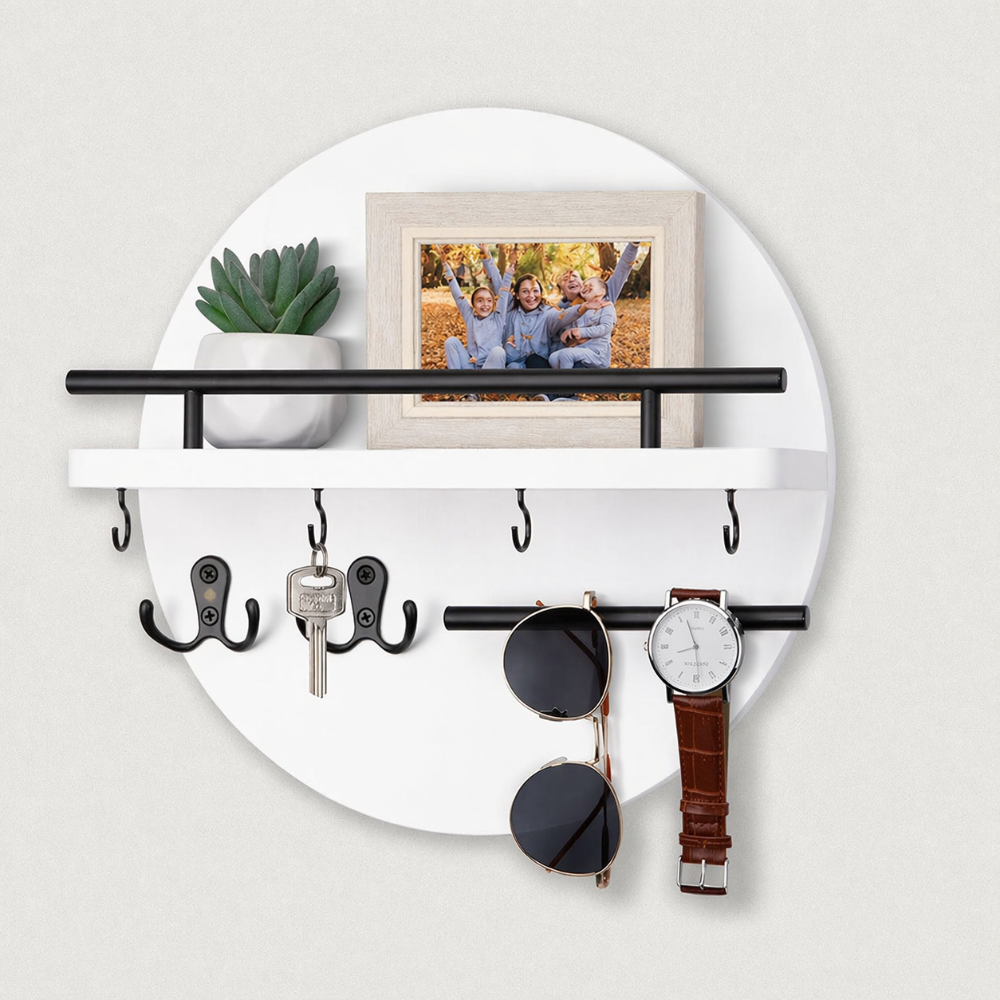 Round Wooden Wall Key Holder Organiser with Metal Hooks