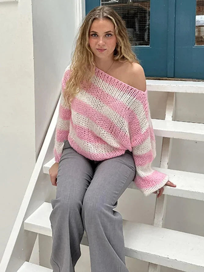 Oversized Pink Striped Sweater for Women