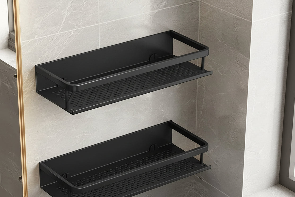 Black Aluminium Shower Shelf with Space-Saving Wall-Mounted Design