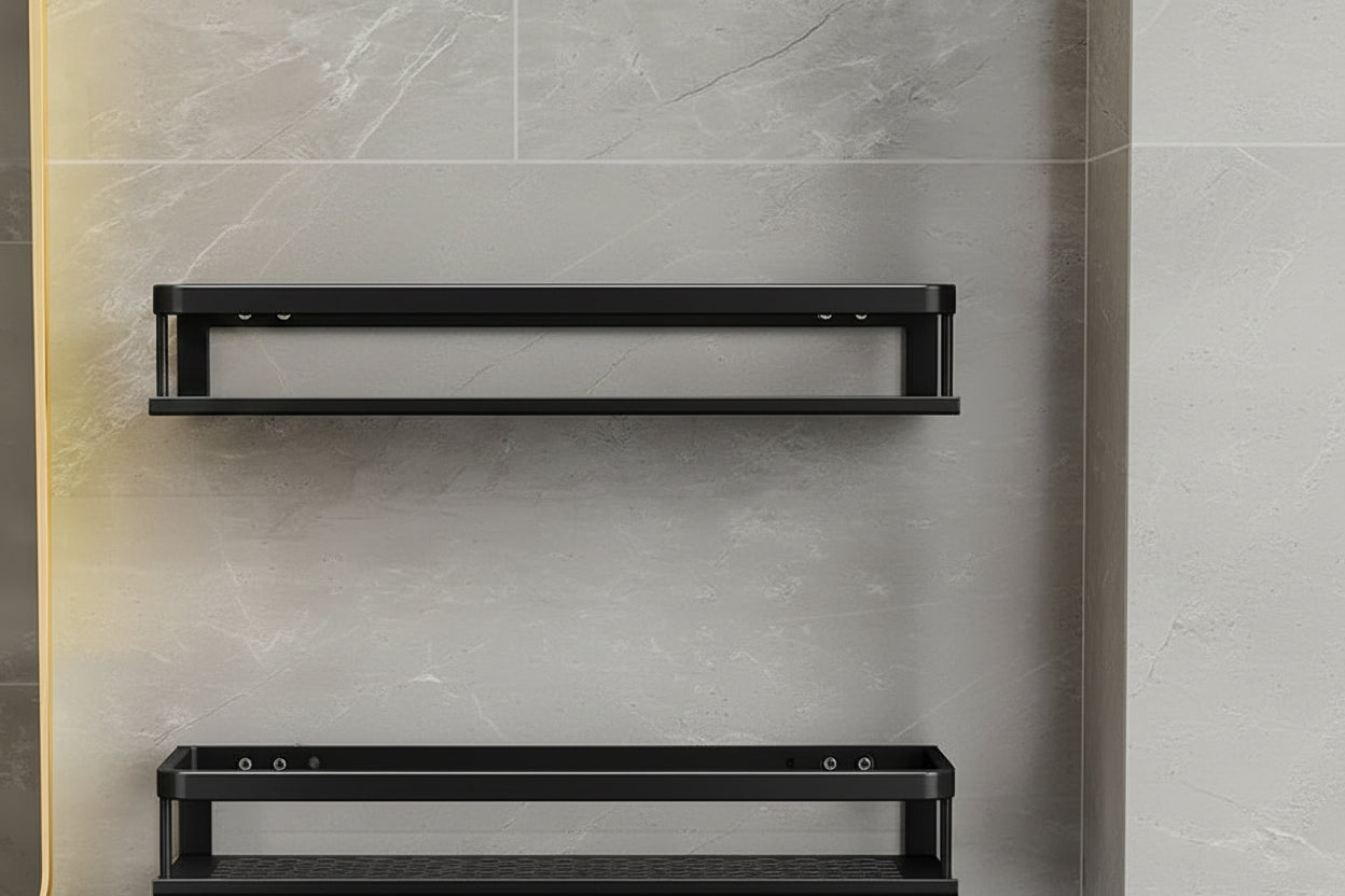 Black Aluminium Shower Shelf with Space-Saving Wall-Mounted Design