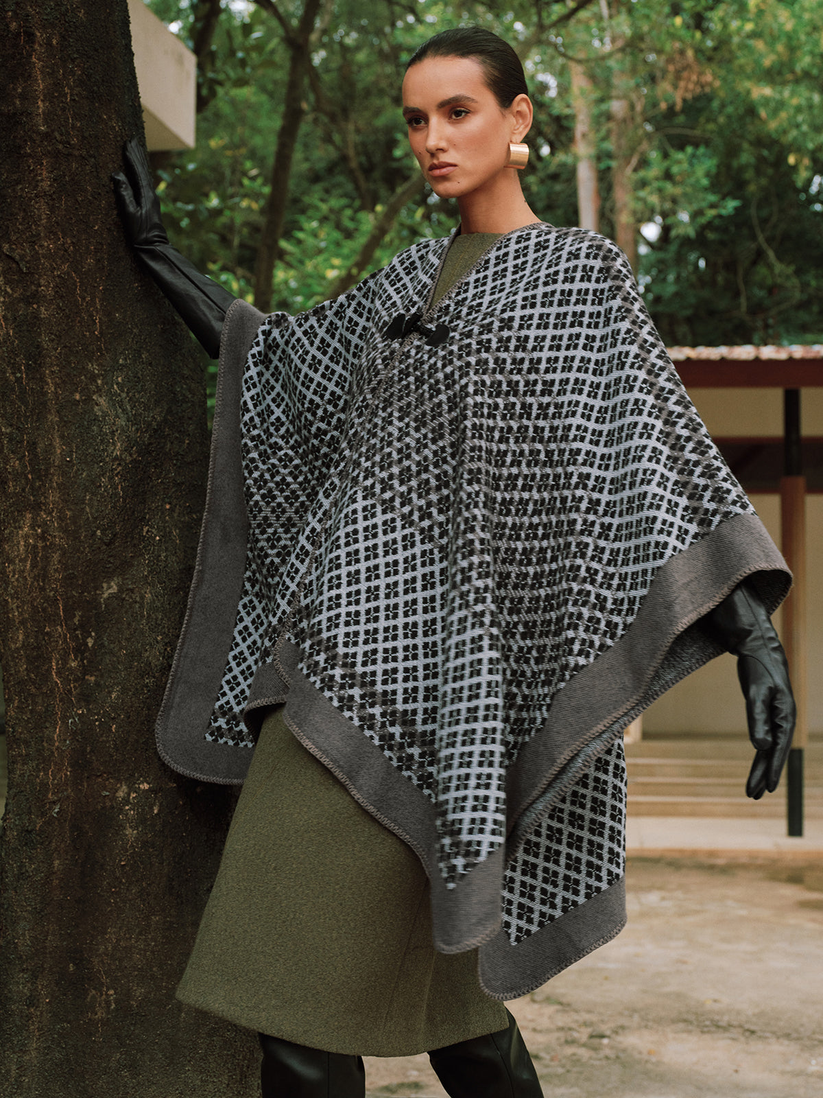 Women's Black Checked Poncho
