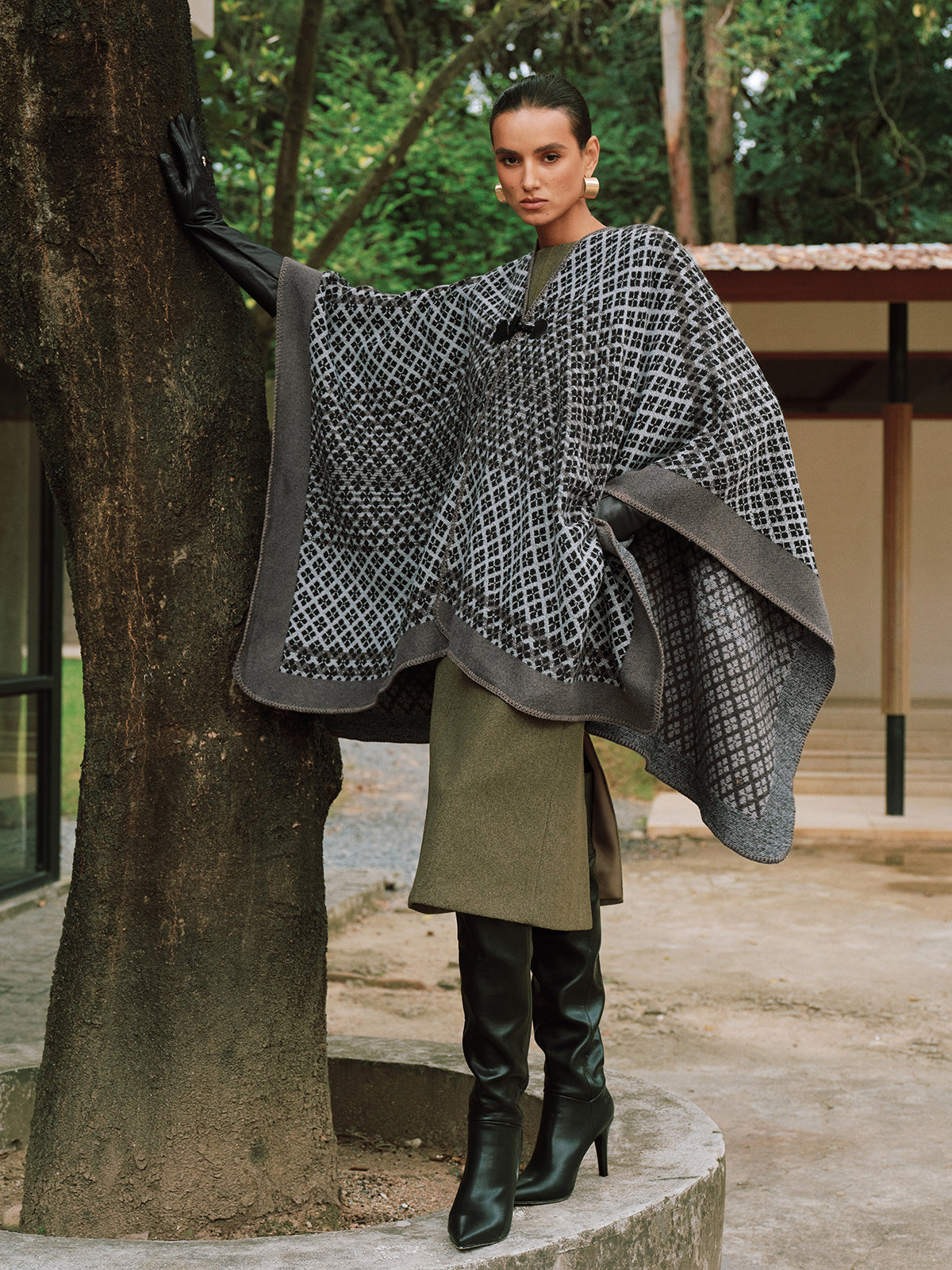 Women's Black Checked Poncho
