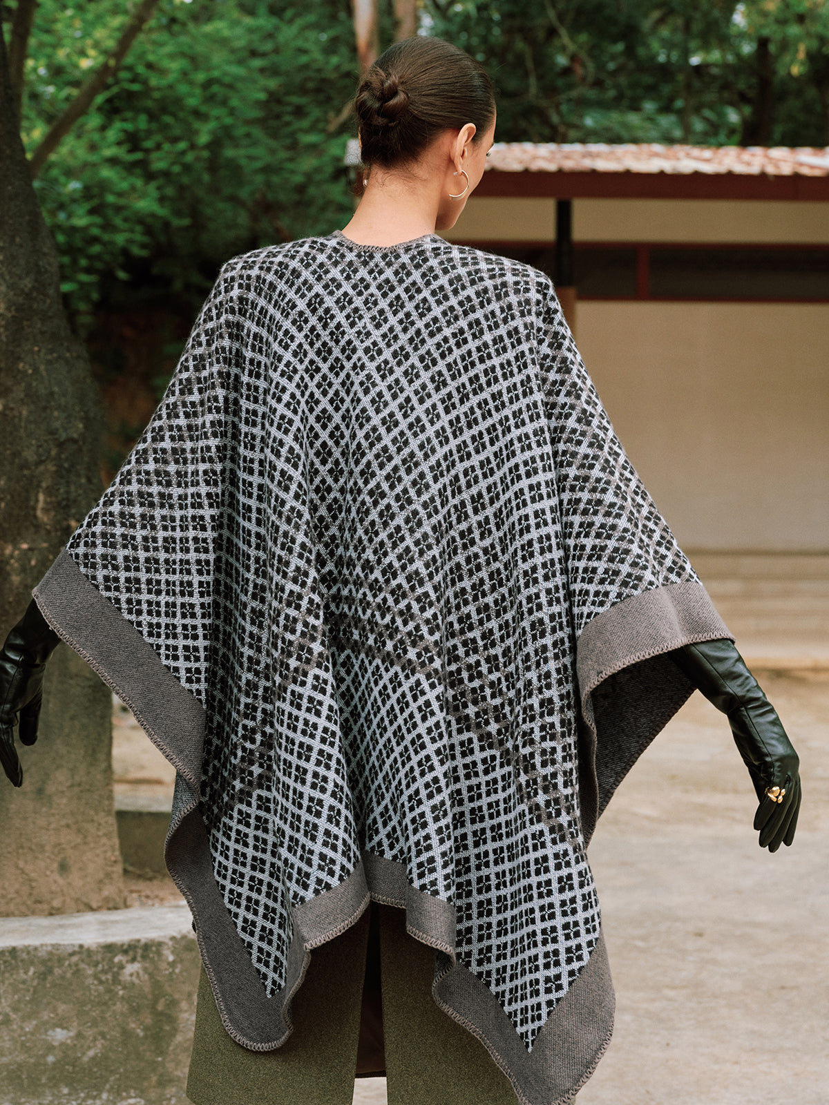 Women's Black Checked Poncho