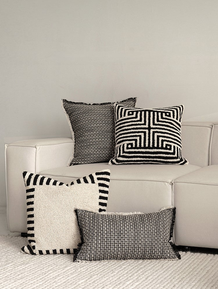 Tufted Cushion Cover 100% Cotton, Modern Black and Beige Stripe – Stylish Sofa and Couch Cushion Cover