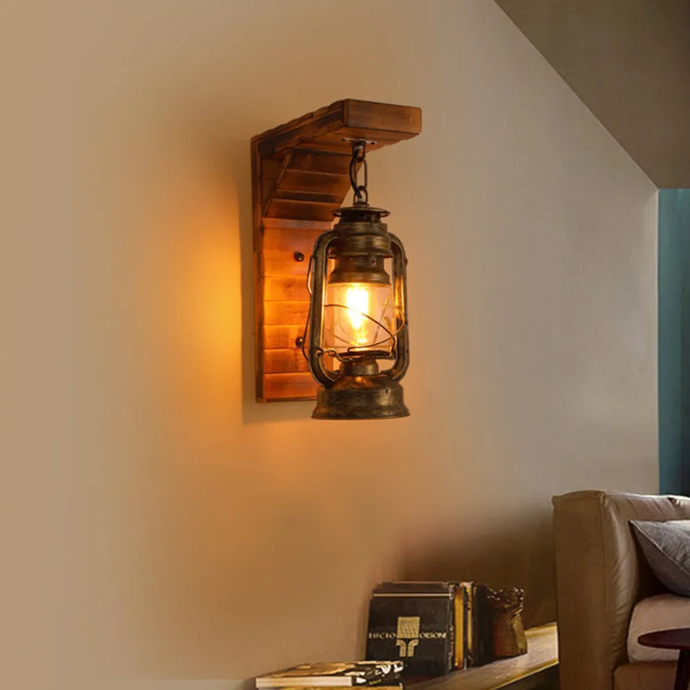 Vintage Wooden Wall Lamp – Rustic Indoor Wall Sconce with E27 LED Compatibility