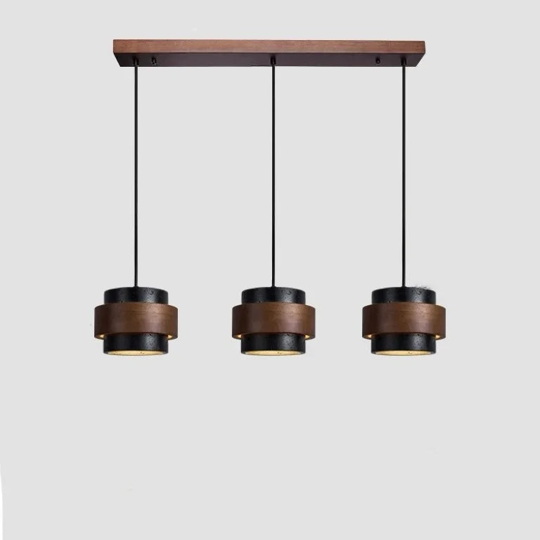 Wabi-Sabi Natural Travertine Cylinder Pendant Light with Wooden Shade, Japandi Kitchen Island Pendant Lamp