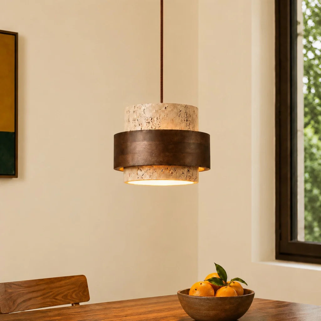 Wabi-Sabi Natural Travertine Cylinder Pendant Light with Wooden Shade, Japandi Kitchen Island Pendant Lamp