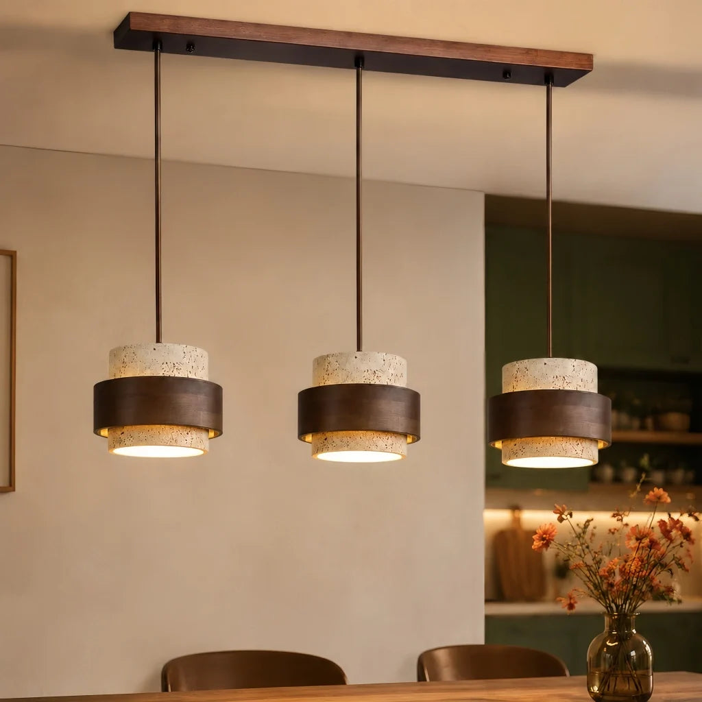 Wabi-Sabi Natural Travertine Cylinder Pendant Light with Wooden Shade, Japandi Kitchen Island Pendant Lamp