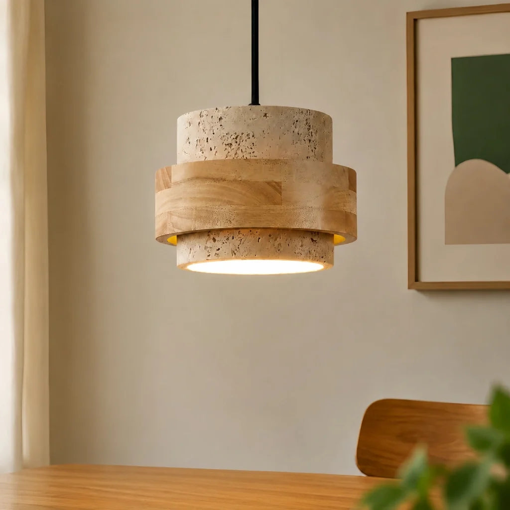 Wabi-Sabi Natural Travertine Cylinder Pendant Light with Wooden Shade, Japandi Kitchen Island Pendant Lamp