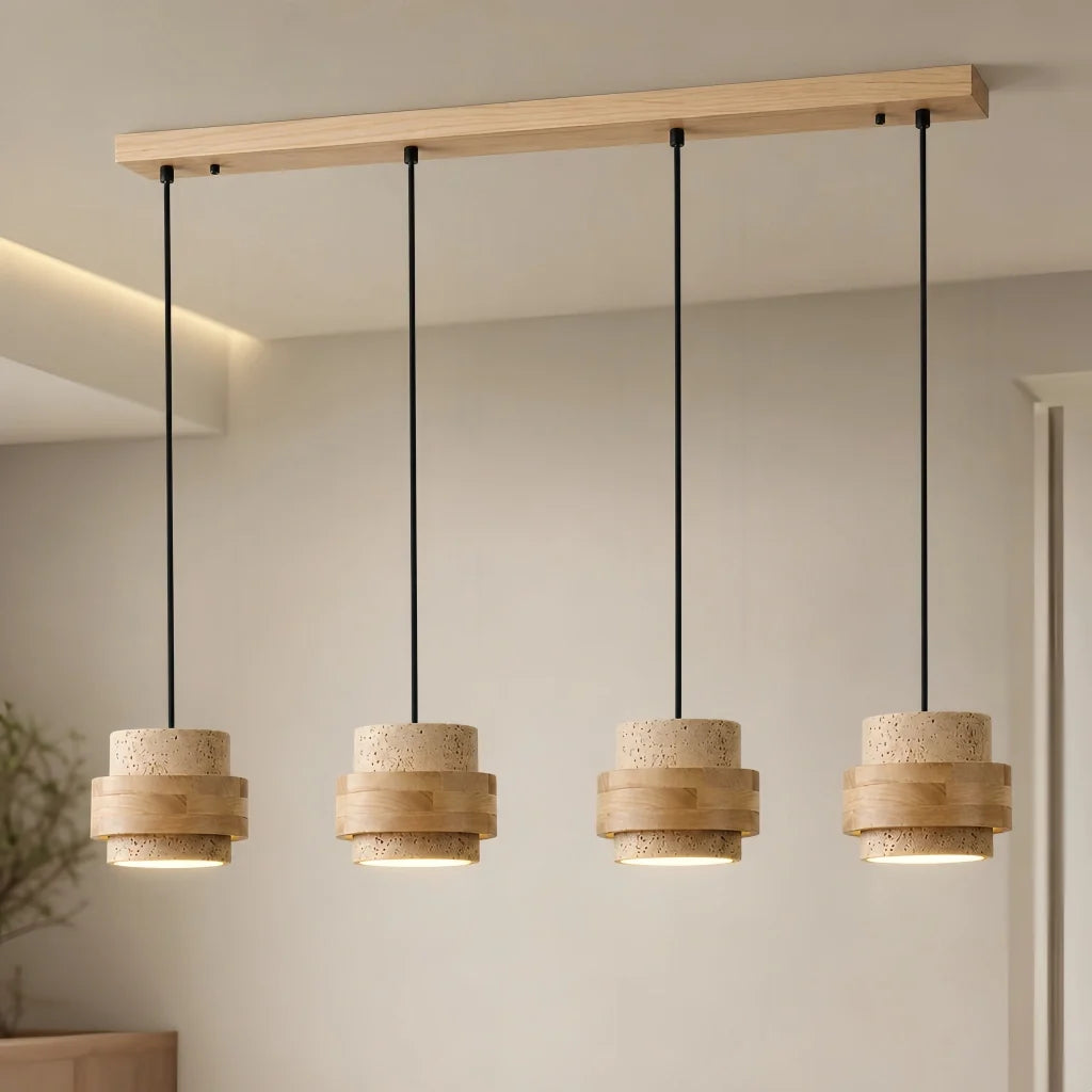 Wabi-Sabi Natural Travertine Cylinder Pendant Light with Wooden Shade, Japandi Kitchen Island Pendant Lamp
