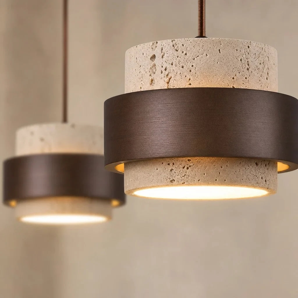 Wabi-Sabi Natural Travertine Cylinder Pendant Light with Wooden Shade, Japandi Kitchen Island Pendant Lamp