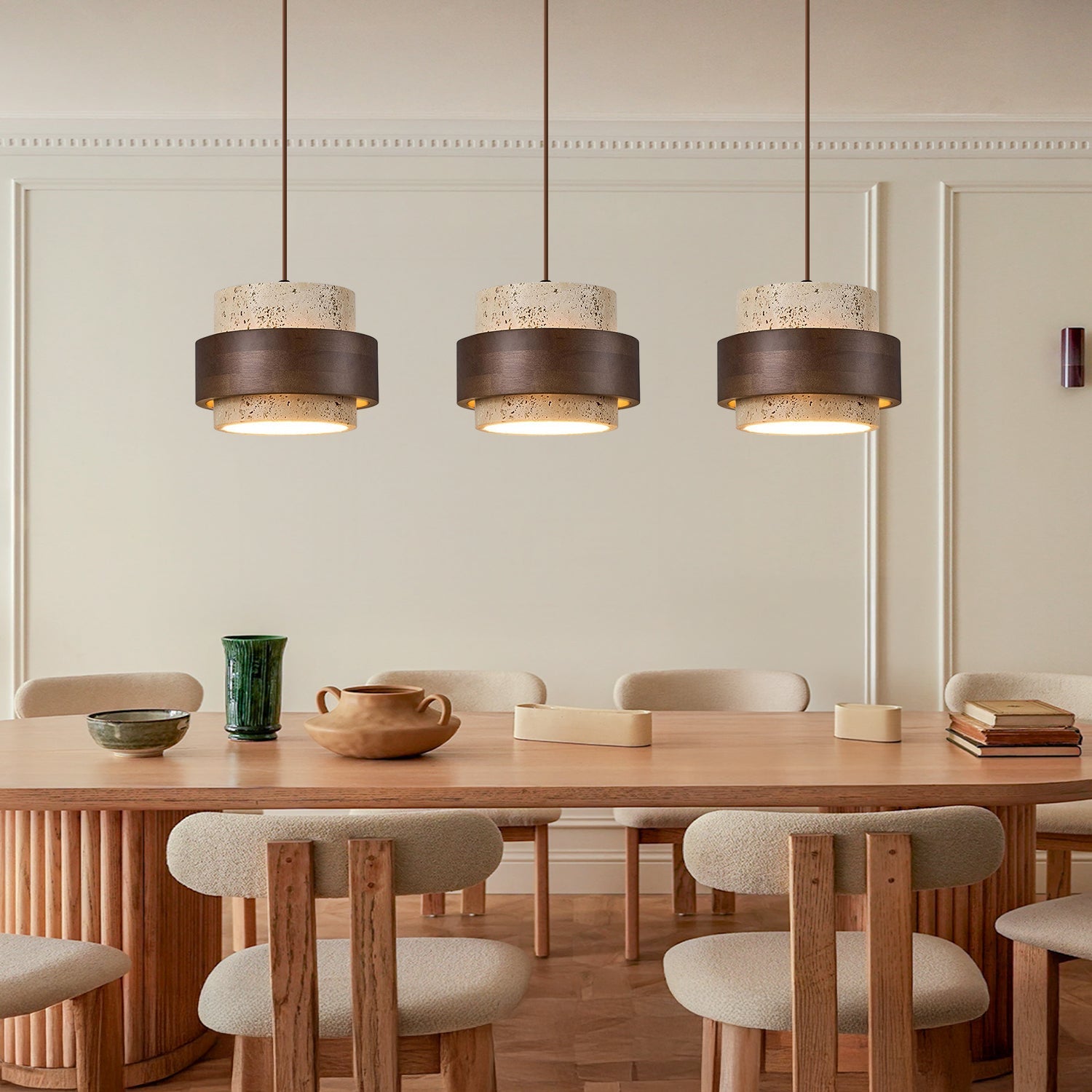 Wabi-Sabi Natural Travertine Cylinder Pendant Light with Wooden Shade, Japandi Kitchen Island Pendant Lamp