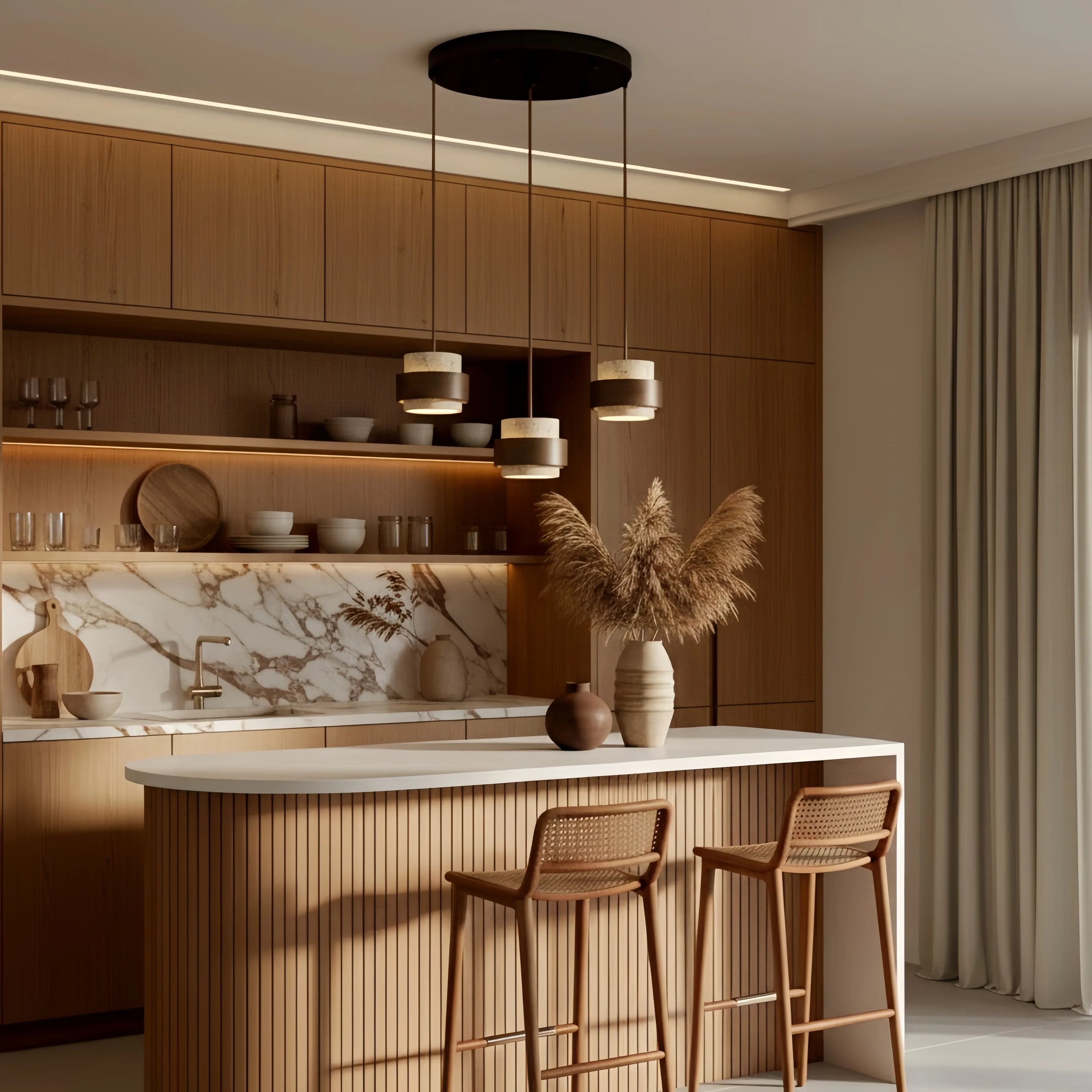 Wabi-Sabi Natural Travertine Cylinder Pendant Light with Wooden Shade, Japandi Kitchen Island Pendant Lamp