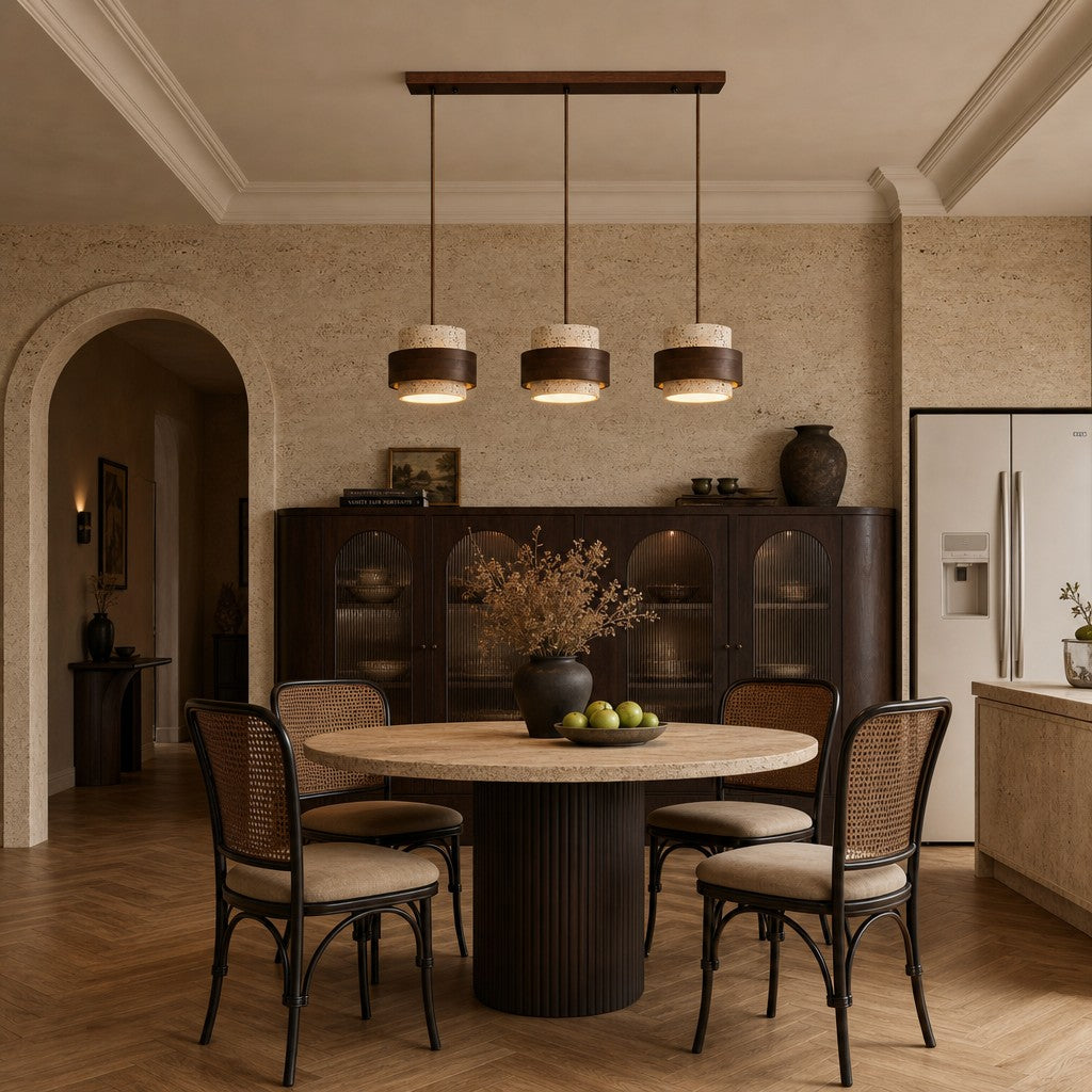 Wabi-Sabi Natural Travertine Cylinder Pendant Light with Wooden Shade, Japandi Kitchen Island Pendant Lamp