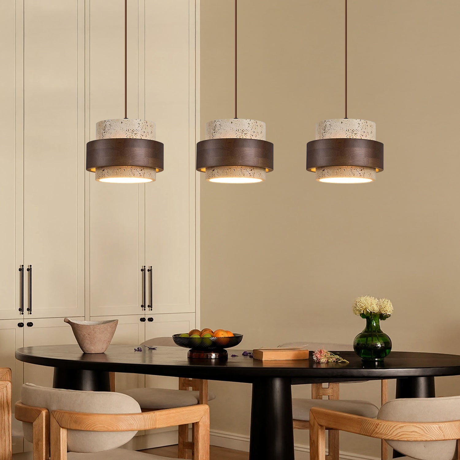 Wabi-Sabi Natural Travertine Cylinder Pendant Light with Wooden Shade, Japandi Kitchen Island Pendant Lamp