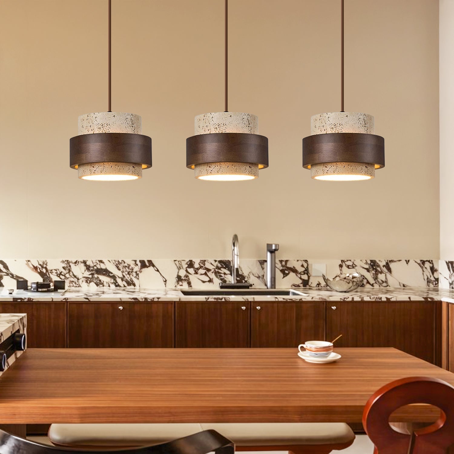 Wabi-Sabi Natural Travertine Cylinder Pendant Light with Wooden Shade, Japandi Kitchen Island Pendant Lamp