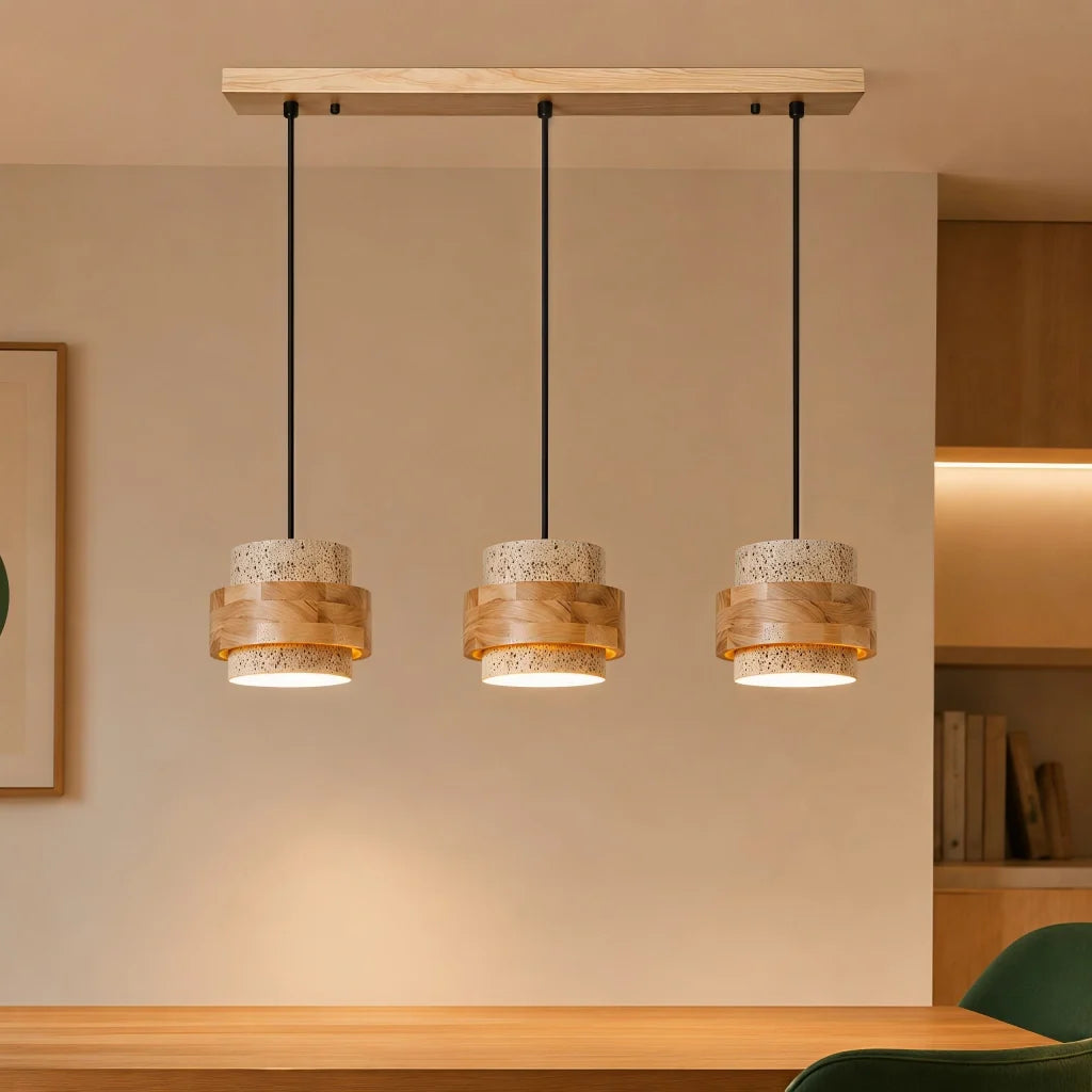 Wabi-Sabi Natural Travertine Cylinder Pendant Light with Wooden Shade, Japandi Kitchen Island Pendant Lamp
