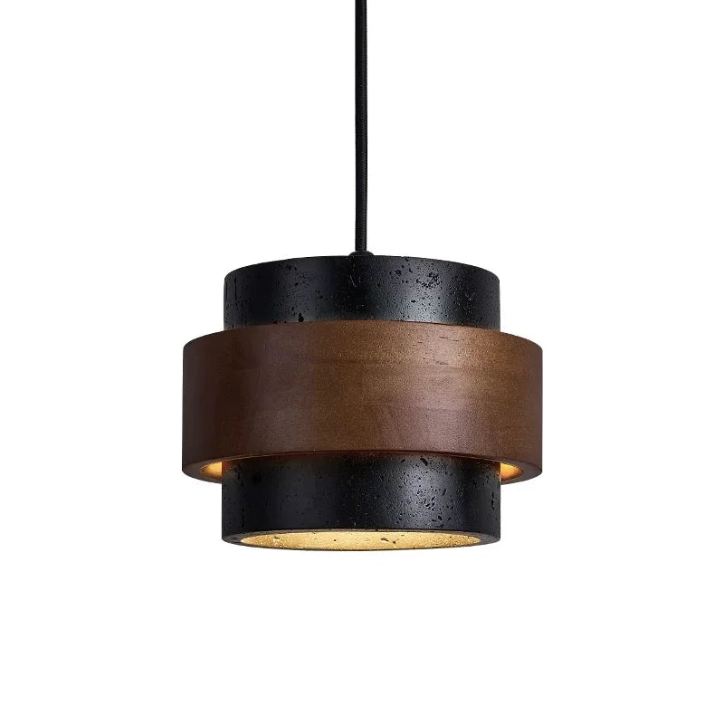 Wabi-Sabi Natural Travertine Cylinder Pendant Light with Wooden Shade, Japandi Kitchen Island Pendant Lamp