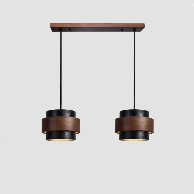 Wabi-Sabi Natural Travertine Cylinder Pendant Light with Wooden Shade, Japandi Kitchen Island Pendant Lamp