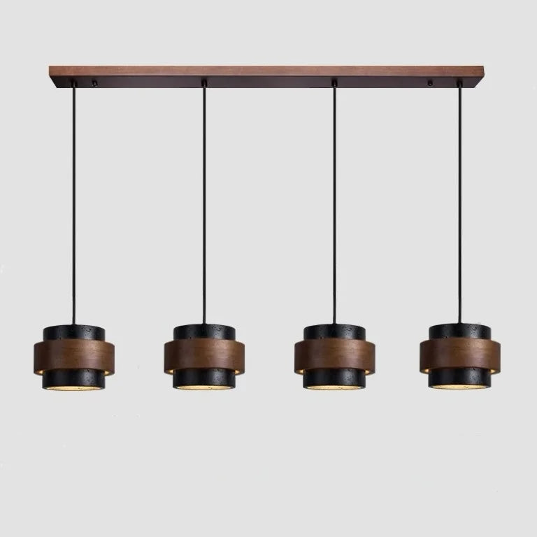 Wabi-Sabi Natural Travertine Cylinder Pendant Light with Wooden Shade, Japandi Kitchen Island Pendant Lamp