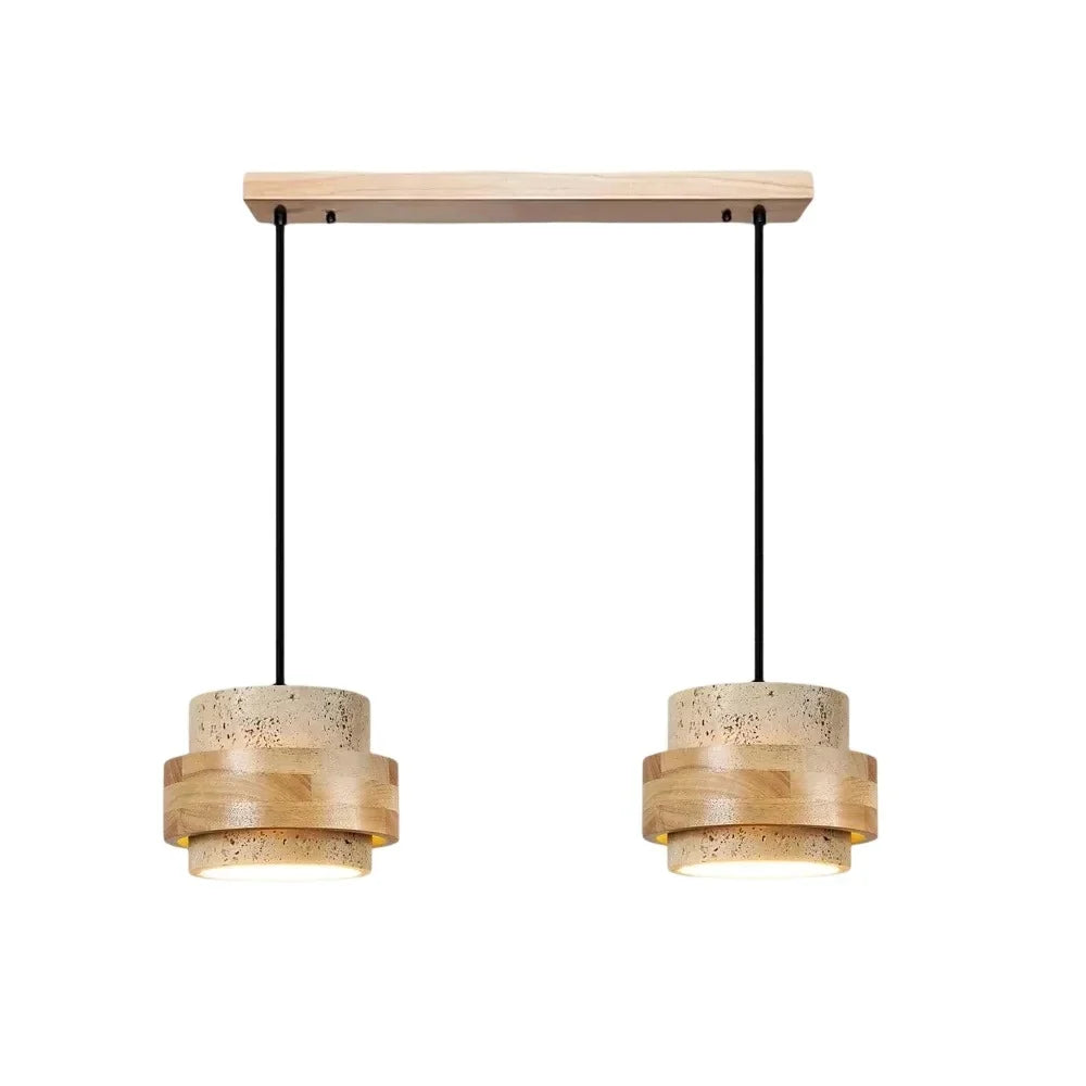 Wabi-Sabi Natural Travertine Cylinder Pendant Light with Wooden Shade, Japandi Kitchen Island Pendant Lamp